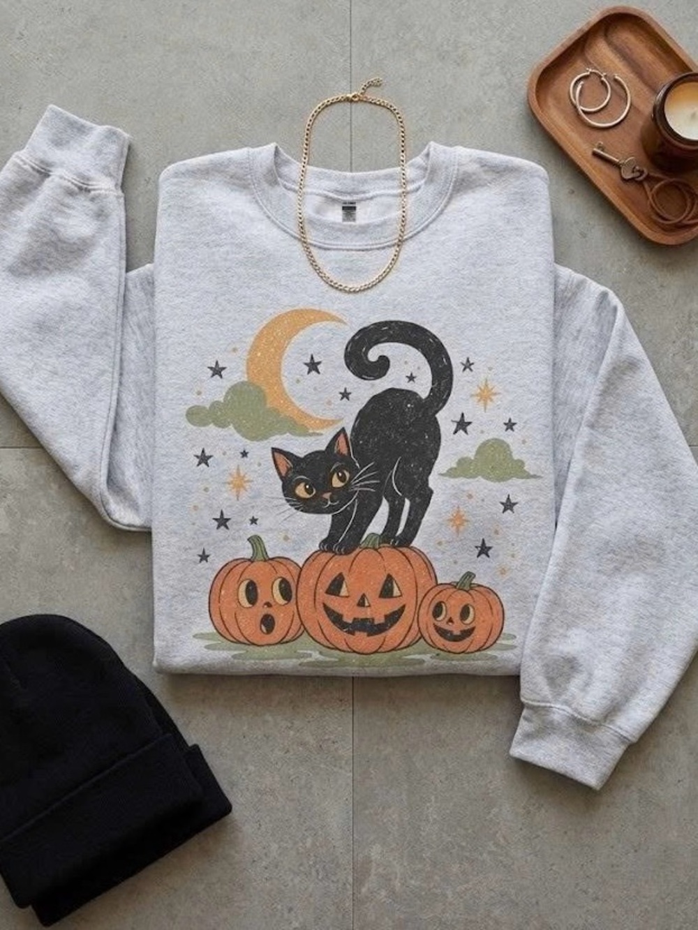 Vintage Halloween Black Cat Pumpkin Sweatshirt Cozy Fall Crewneck